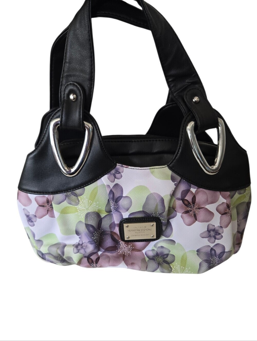 Floral Satchel Handbag Black Purple Green Silver Hardware - Picture 3 of 8